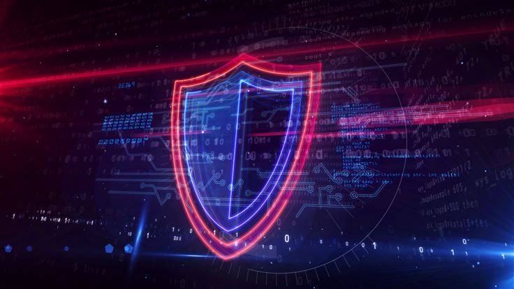 Cyber security concept with shield symbol, privacy protection and computer safety icon. Futuristic abstract 3d rendering illustration.