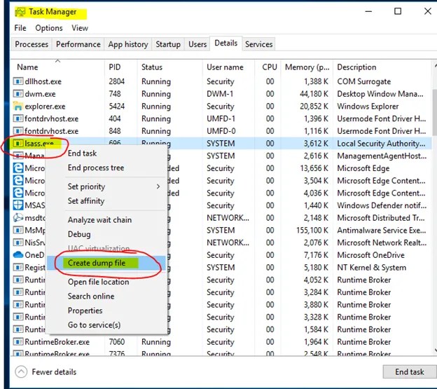 A security researcher using Task Manager to create a dump file for the LSASS process. Source.