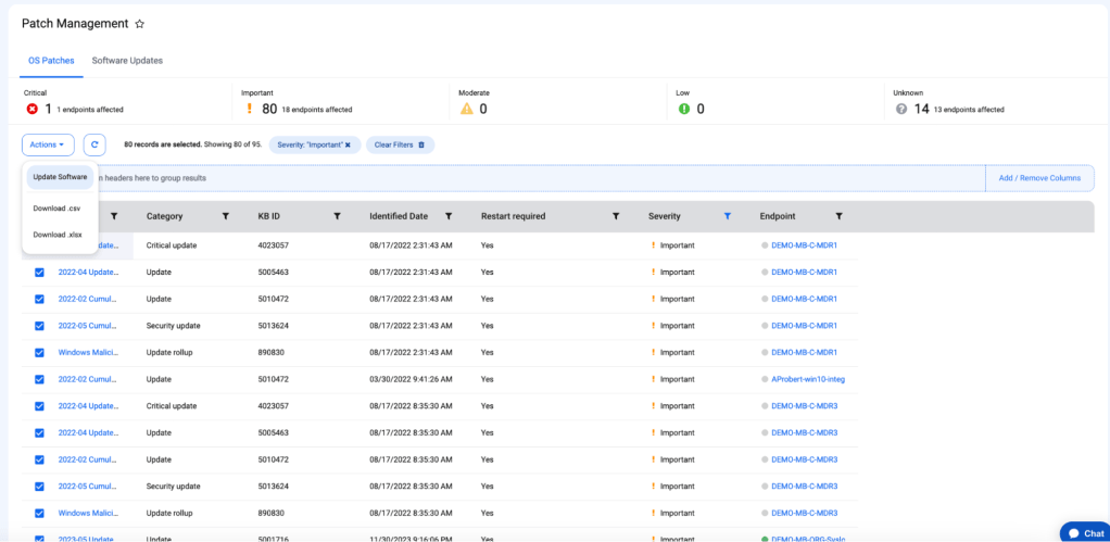 To apply patches en masse, check the boxes for the systems or applications on endpoints you wish to update and click Actions > Update Software.