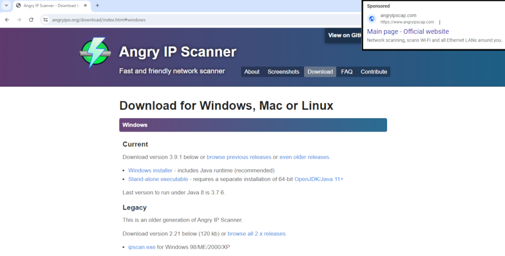 A fake ad and fake website for Angry IP Scanner