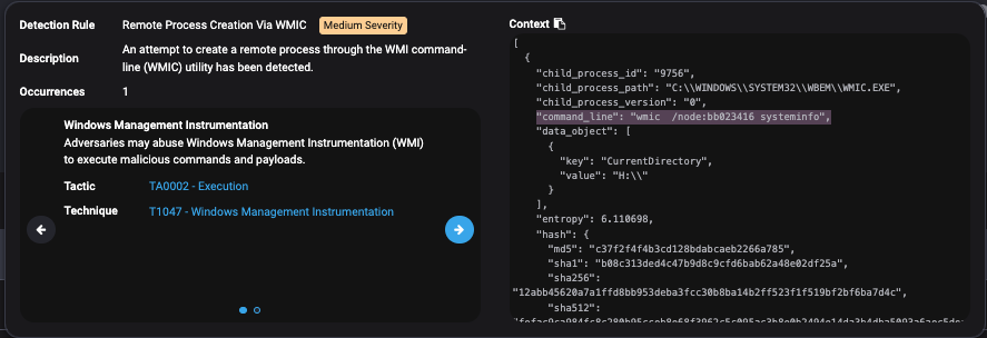 Clicking in the alert further, we find the command line for this alert is wmic /node:bb023416 system info.