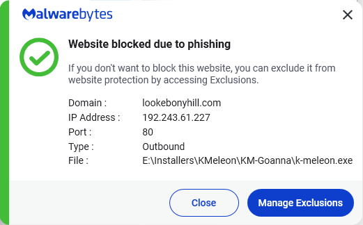 Malwarebytes blocks lookebonyhill[.]com