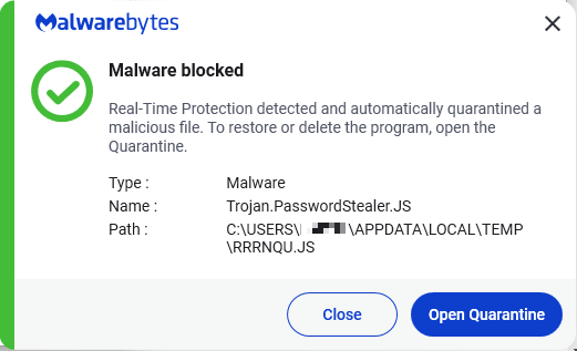 Malwarebytes warning for Trojan.PasswordStealer.JS