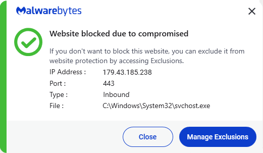 Malwarebytes blocks 179.43.185.238
