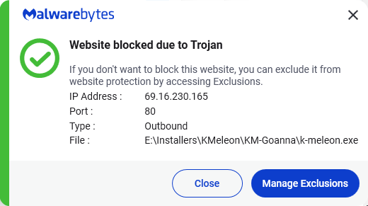 Malwarebytes blocks 69.16.230.165