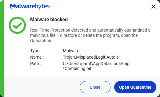 Malwarebytes blocks Trojan.MisplacedLegit.AutoIt