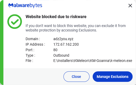 Malwarebytes blocks adz2you.xyz