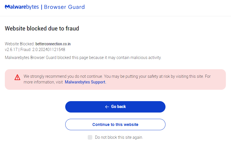 Malwarebytes blocks betterconnection.co.in