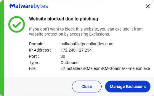 Malwarebytes blocks bulkconflictpeculiarities.com