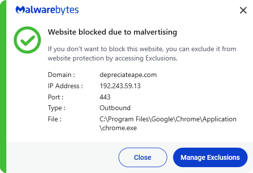 Malwarebytes blocks depreciateape.com