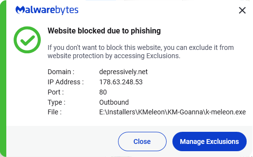 Malwarebytes blocks depressively.net