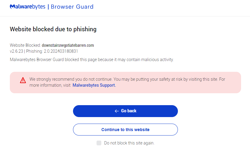 Malwarebytes blocks downstairsnegotiatebarren.com