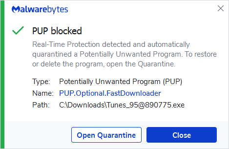 Malwarebytes blocks PUP.Optional.FastDownloader