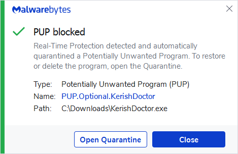 Malwarebytes blocks Kerish Doctor