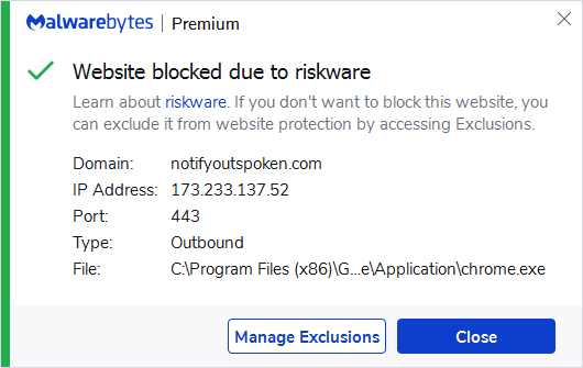 Malwarebytes blocks notifyoutspoken.com