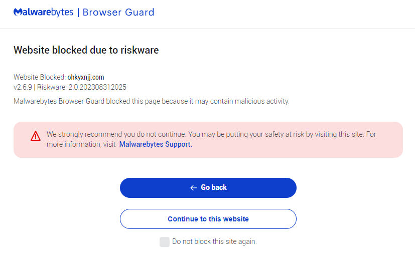 Malwarebytes blocks ohkyxnjj.com