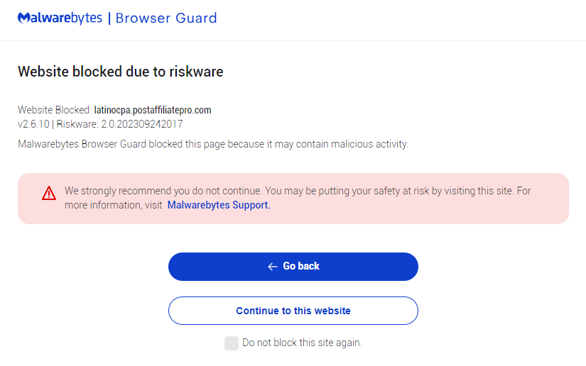 Malwarebytes blocks latinocpa.postaffiliatepro.com