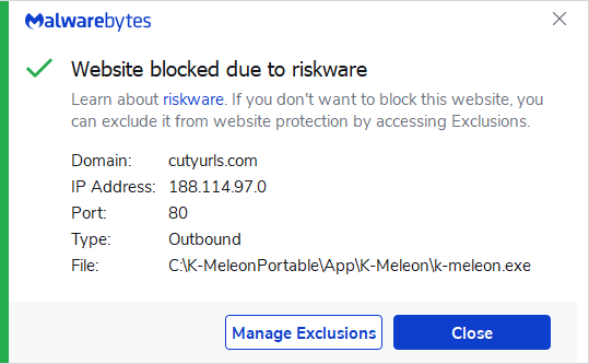 Malwarebytes blocks cutyurls.com