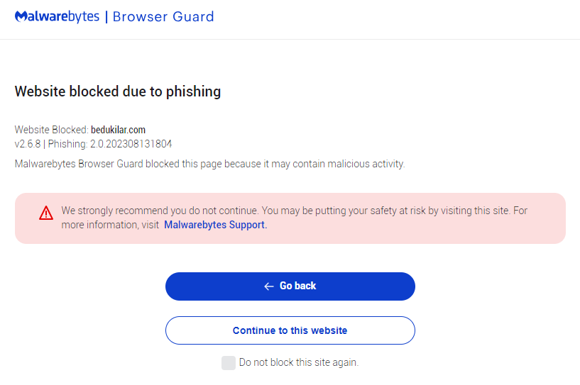 Malwarebytes blocks bedukilar.com