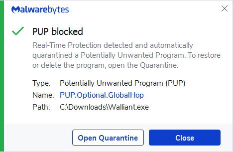 Malwarebytes blocks PUP.Optional.GlobalHop