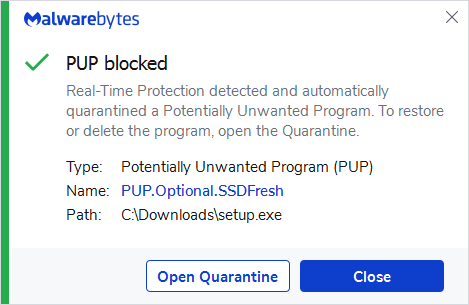 Malwarebytes blocks PUP.Optional.SSDFresh