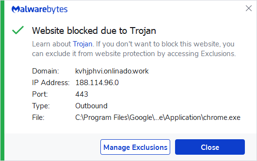 Malwarebytes blocks onlinado.work
