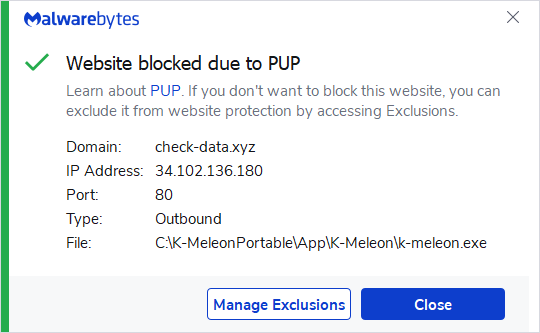 Malwarebytes blocks check-data.xyz
