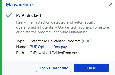 Malwarebytes blocks PUP.Optional.Rostpay