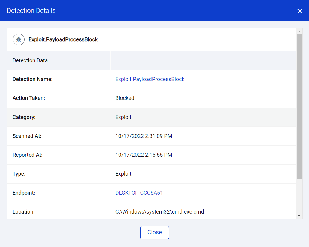 Exploit payload process blocked