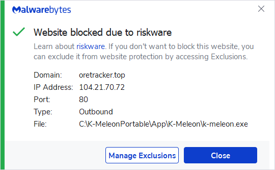 Malwarebytes blocks oretracker.top