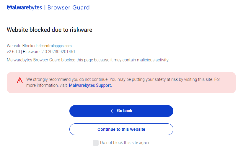 Malwarebytes blocks decentralappps.com