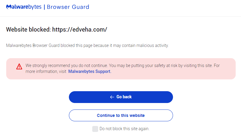 Malwarebytes blocks edveha.com