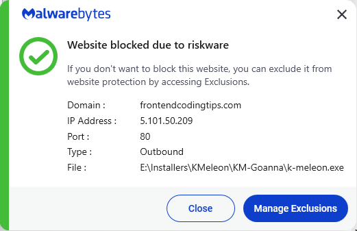 Malwarebytes blocks frontendcodingtips.com