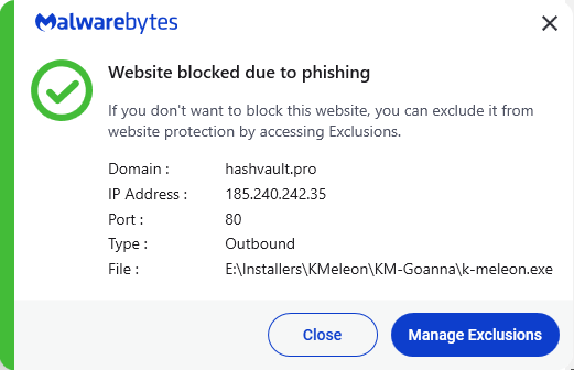 Malwarebytes blocks hashvault.pro