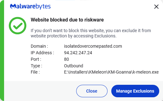 Malwarebytes blocks isolatedovercomepasted.com