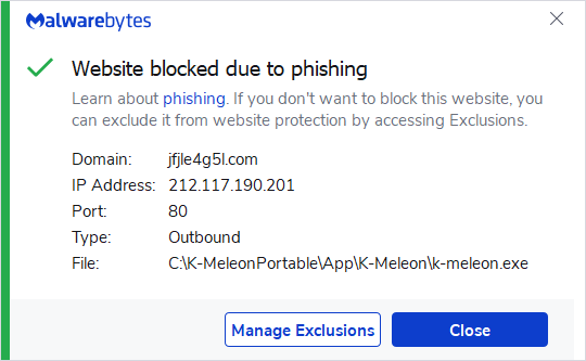 Malwarebytes blocks jfjle4g5l.com