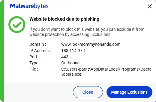 Malwarebytes blocks lookmommynohands.com