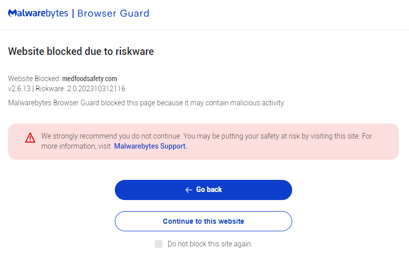Malwarebytes blocks medfoodsafety.com