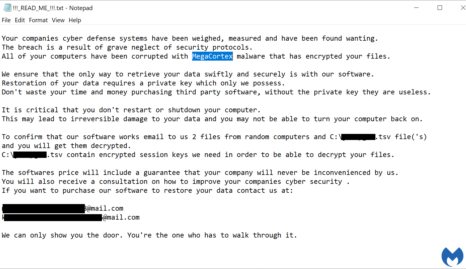 MegaCortex ransom note