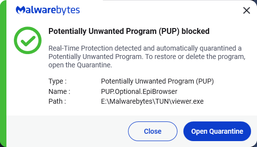 Malwarebytes blocks PUP.Optional.EpiBrowser