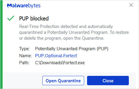 Malwarebytes blocks PUP.Optional.Fortect