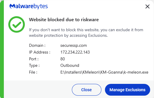 Malwarebytes blocks securessp.com