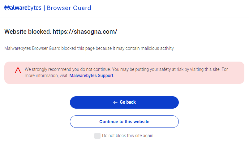 Malwarebytes blocks shasogna.com