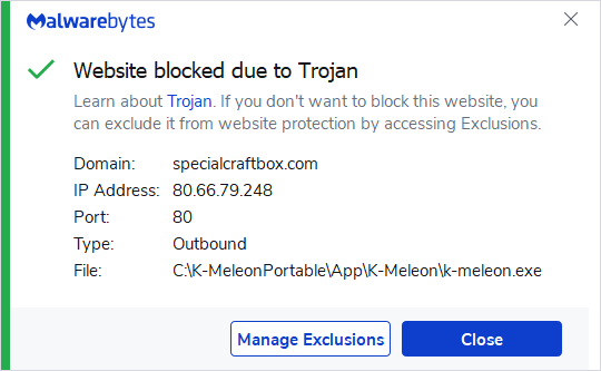 Malwarebytes blocks specialcraftbox.com