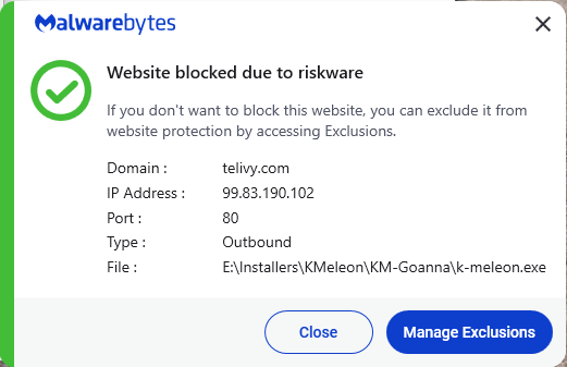 Malwarebytes blocks telivy.com