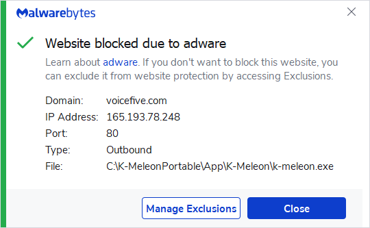 Malwarebytes blocks voicefive.com