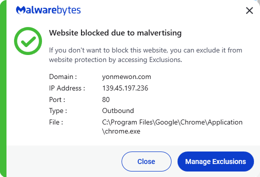 Malwarebytes blocks yonmewon.com