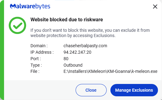 Malwarebytes blocks chaseherbalpasty.com