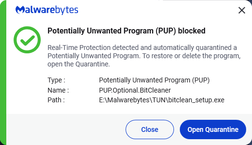 Malwarebytes blocks PUP.Optional.BitCleaner