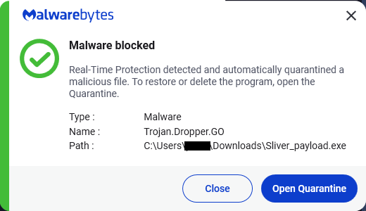 Malwarebytes blocks Trojan.Dropper.GO
